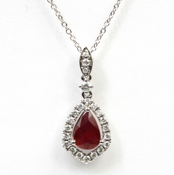 14K WHITE GOLD DIAMOND & RUBY PEAR SHAPED PENDANT