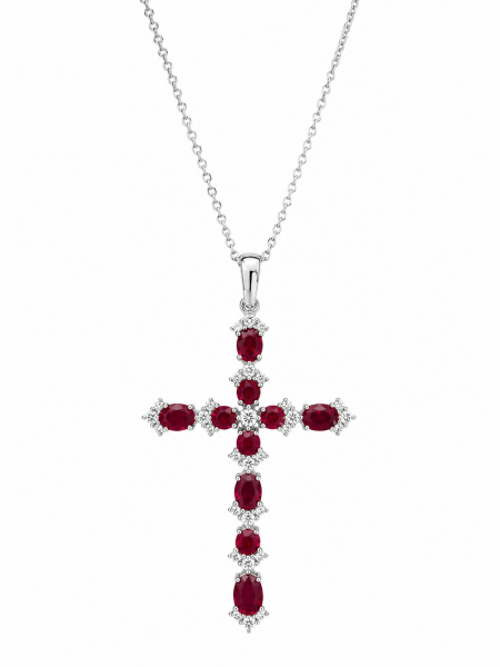 14K WHITE GOLD DIAMOND AND RUBY CROSS NECKLACE