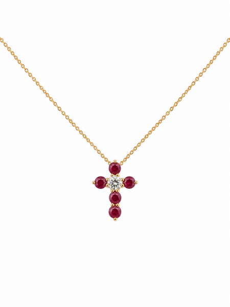 14K YELLOW GOLD DIAMOND & RUBY CROSS NECKLACE