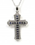 14K WHITE GOLD DIAMOND & SAPPHIRE CROSS PENDANT