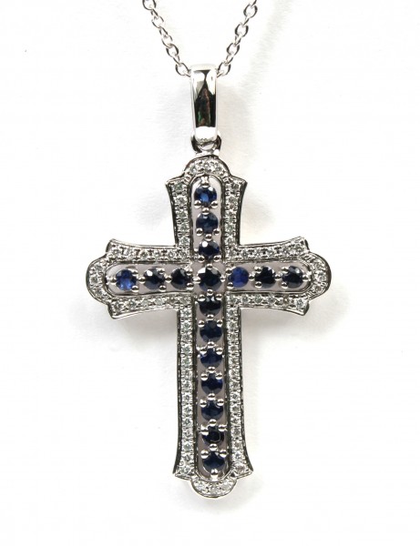 14K WHITE GOLD DIAMOND & SAPPHIRE CROSS PENDANT
