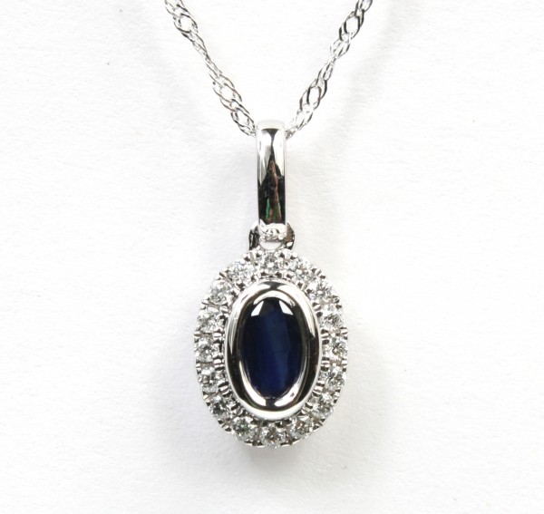 14K WHITE GOLD DIAMOND & SAPPHIRE OVAL PENDANT