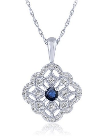 14K WHITE GOLD DIAMOND AND SAPPHIRE FLORAL PENDANT