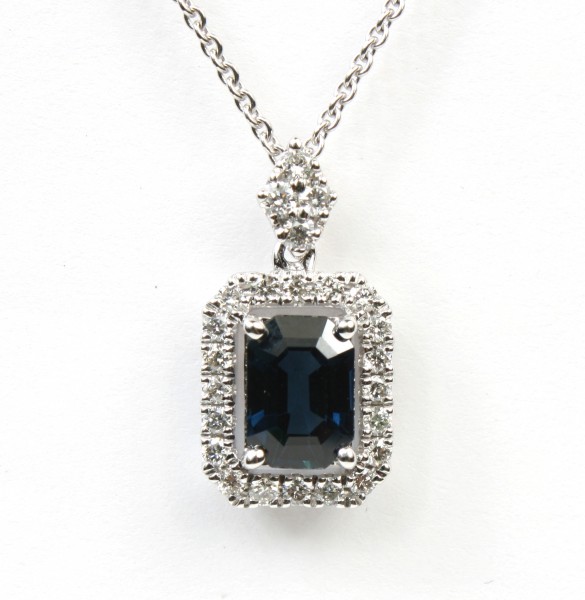 14K WHITE GOLD DIAMOND & SAPPHIRE PENDANT