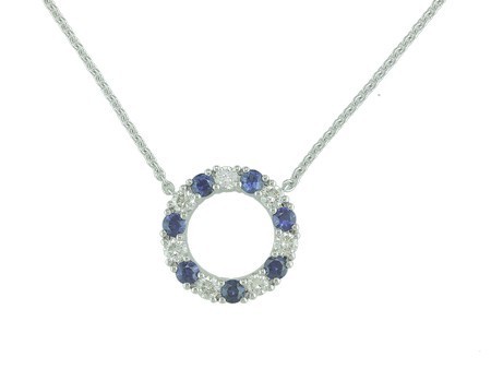 14K WHITE GOLD DIAMOND & SAPPHIRE CIRCLE PENDANT