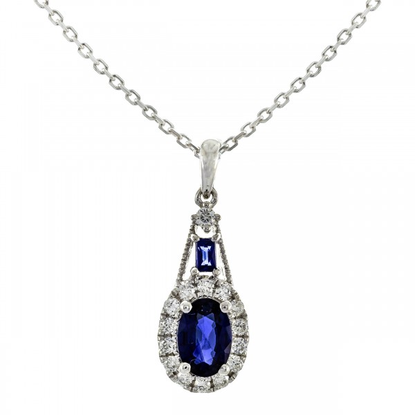 10K WHITE GOLD DIAMOND AND BLUE SAPPHIRE PENDANT