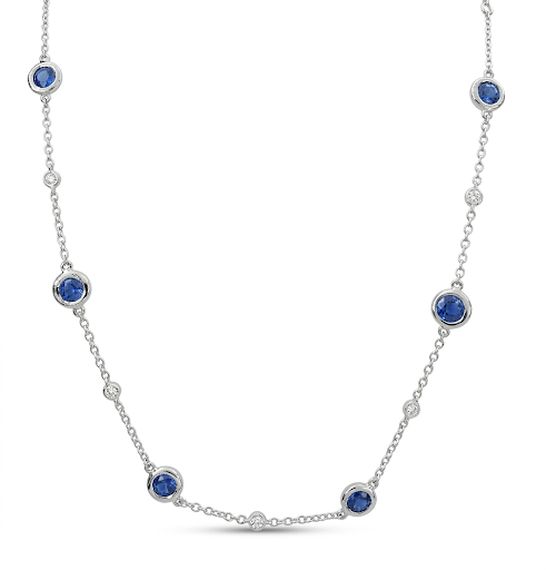 14K WHITE GOLD DIAMOND AND SAPPHIRE BEZEL STATION NECKLACE