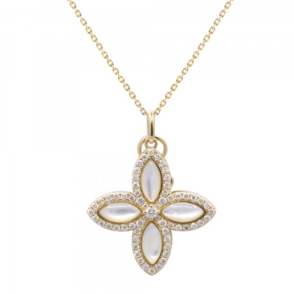 14K YELLOW GOLD DIAMOND AND MOTHER OF PEARL FLORAL PENDANT