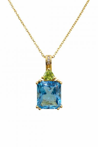 14K YELLOW GOLD DIAMOND, PERIDOT AND BLUE TOPAZ PENDANT