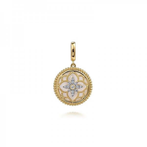 14K YELLOW GOLD DIAMOND & MOTHER OF PEARL MEDALLION