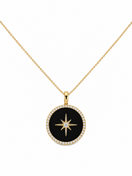 14K YELLOW GOLD DIAMOND ONYX MEDALLION