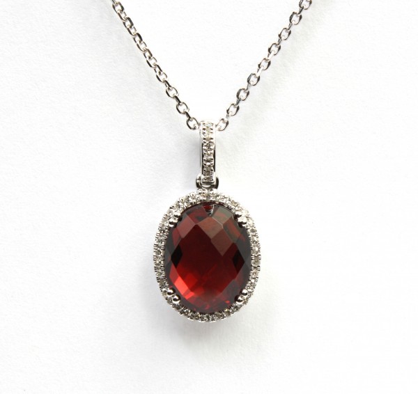 14K WHITE GOLD DIAMOND AND GARNET PENDANT