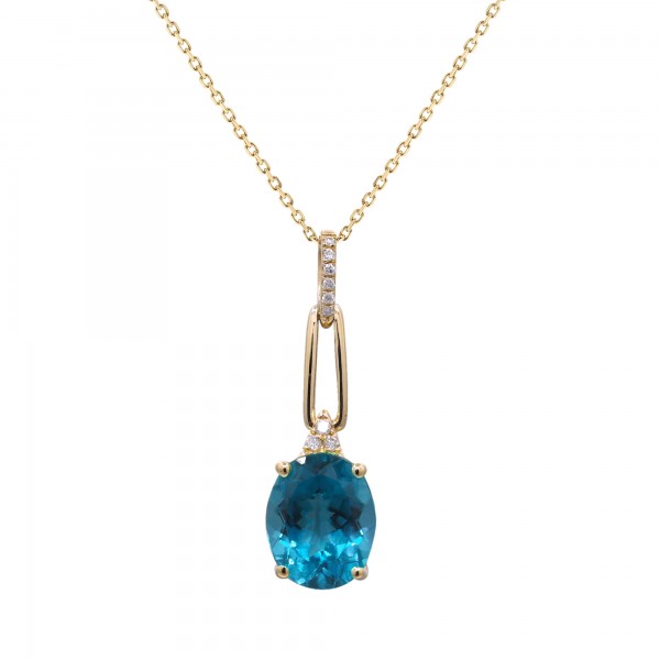 14K YELLOW GOLD DIAMOND AND LONDON BLUE TOPAZ PENDANT