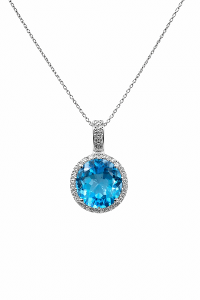 14K WHITE GOLD DIAMOND AND SWISS BLUE TOPAZ PENDANT