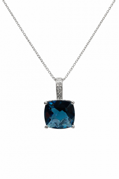 14K WHITE GOLD DIAMOND AND LONDON BLUE TOPAZ PENDANT
