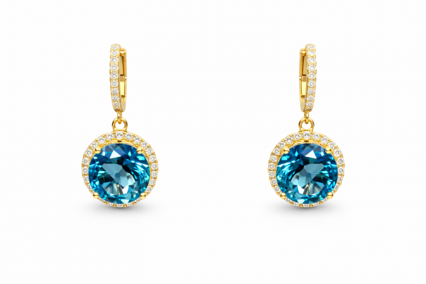 14K YELLOW GOLD DIAMOND AND LONDON BLUE TOPAZ EARRINGS