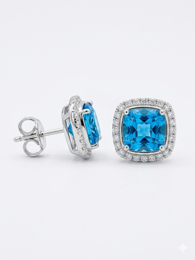 14K WHITE GOLD DIAMOND AND BLUE TOPAZ EARRINGS