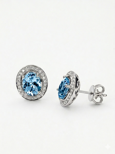 14K WHITE GOLD DIAMOND AND AQUAMARINE EARRINGS