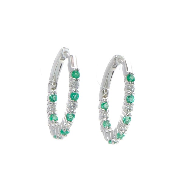 14K WHITE GOLD DIAMOND & EMERALD HOOP EARRINGS