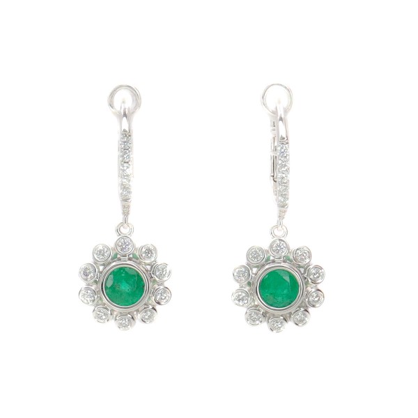 14K WHITE GOLD DIAMOND & EMERALD DANGLE EARRINGS
