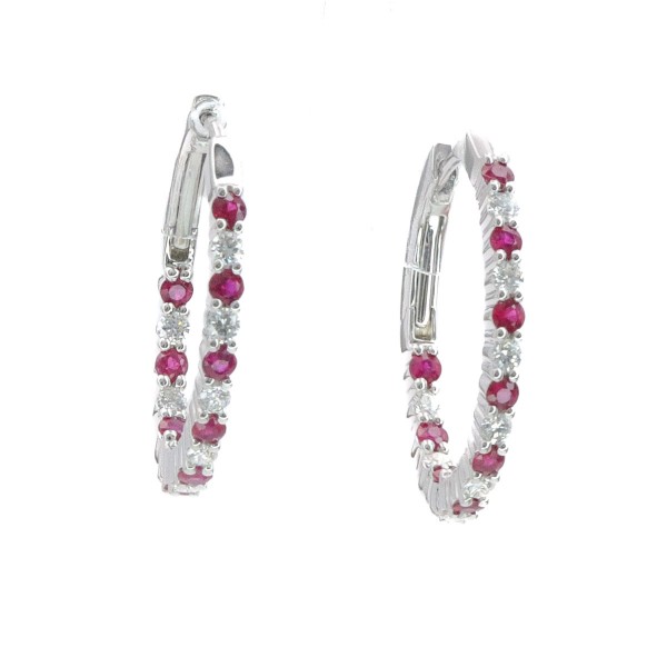 14K WHITE GOLD DIAMOND & RUBY HOOP EARRINGS