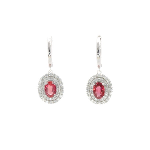 14K WHITE GOLD DIAMOND & RUBY OVAL DROP EARRINGS