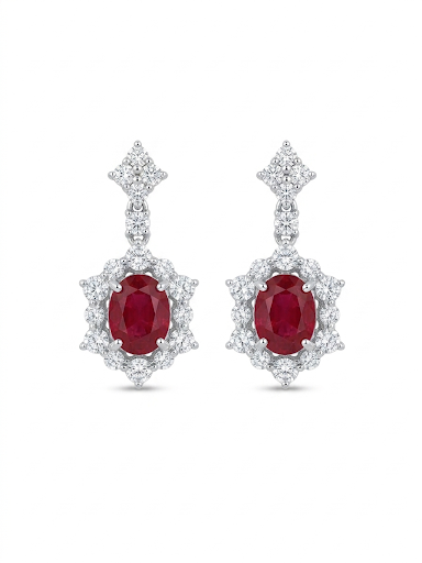 18K WHITE GOLD DIAMOND AND RUBY DANGLE EARRINGS