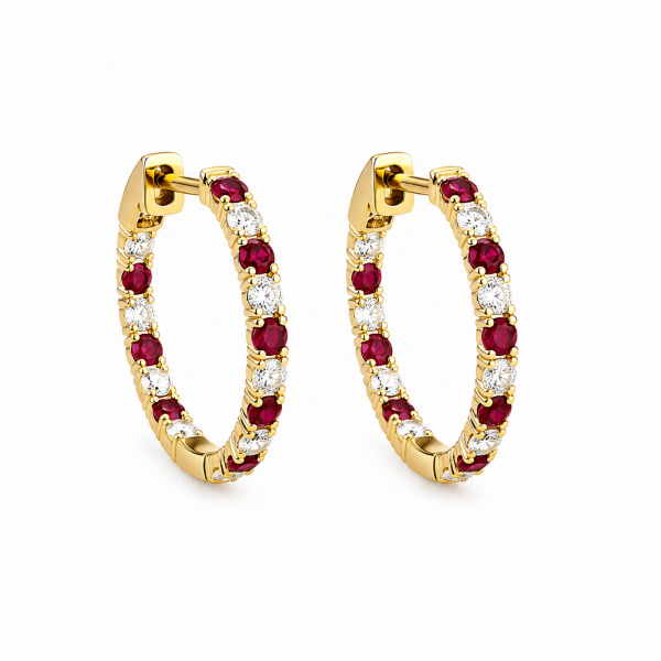 14K YELLOW GOLD DIAMOND & RUBY LOOP EARRINGS