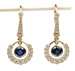 14K YELLOW GOLD DIAMOND & SAPPHIRE ART DECO STYLE EARRINGS