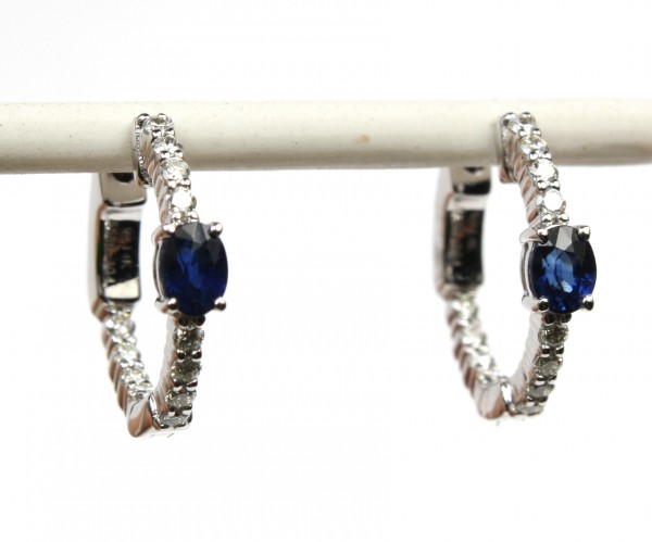 14K WHITE GOLD DIAMOND & SAPPHIRE HOOP EARRINGS