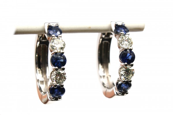 14K WHITE GOLD DIAMOND & SAPPHIRE HOOP EARRINGS