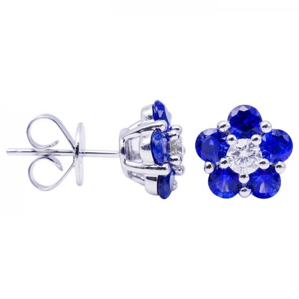 18K WHITE GOLD DIAMOND & SAPPHIRE  FLORAL STUD EARRINGS