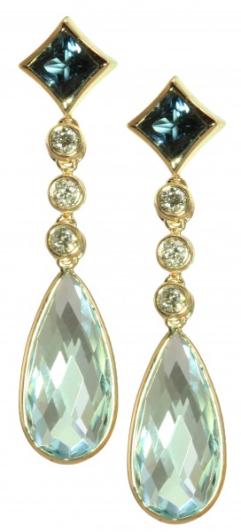 14K Yellow Gold Blue Topaz And Diamond Drop Earrings