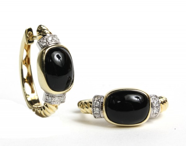 14K YELLOW GOLD DIAMOND AND BLACK AGATE EARRINGS