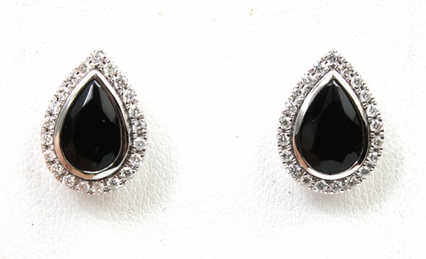 14K WHITE GOLD BLACK AGATE AND DIAMOND STUD EARRINGS