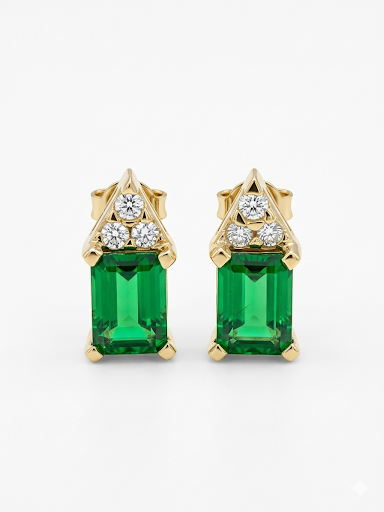 14K YELLOW GOLD DIAMOND AND CHROME DIOPSIDE STUD EARRINGS