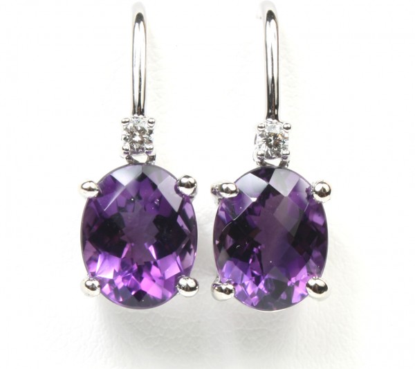 14K White Gold Oval Amethyst And Diamond Drop Earrings