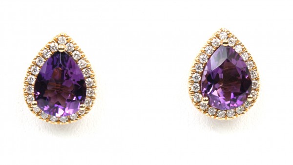 14K YELLOW GOLD DIAMOND & AMETHYST PEAR SHAPE STUD EARRINGS