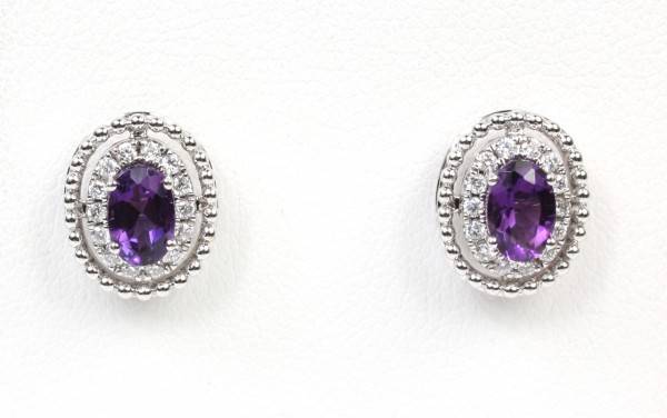 14K WHITE GOLD DIAMOND & AMETHYST STUD EARRINGS