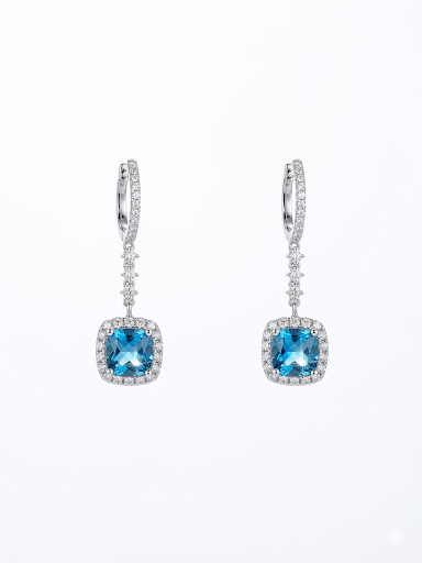 14K WHITE GOLD DIAMOND AND BLUE TOPAZ DANGLE EARRINGS