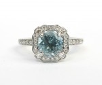 14K WHITE GOLD ROUND AQUAMARINE AND DIAMOND HALO RING