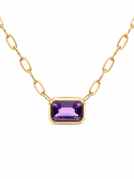 14K YELLOW GOLD EMERALD CUT AMETHYST PENDANT