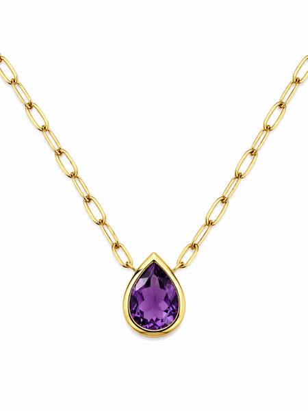 14K YELLOW GOLD BEZEL SET PEAR SHAPE AMETHYST PENDANT
