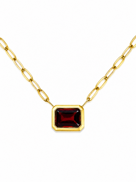 14K YELLOW GOLD EMERALD CUT BEZEL SET RHODOLITE GARNET PENDANT