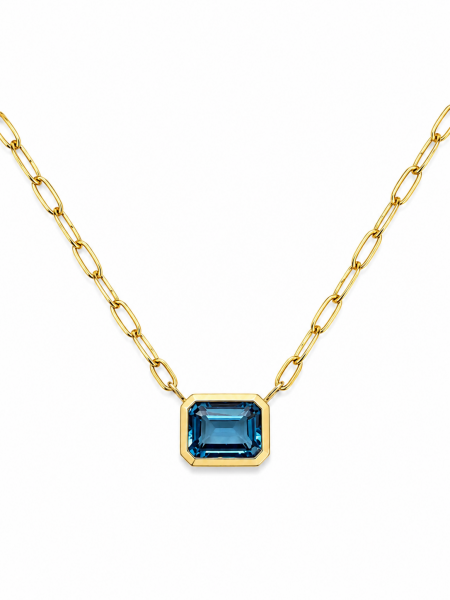 14K YELLOW GOLD EMERALD CUT BEZEL SET LONDON BLUE TOPAZ PENDANT