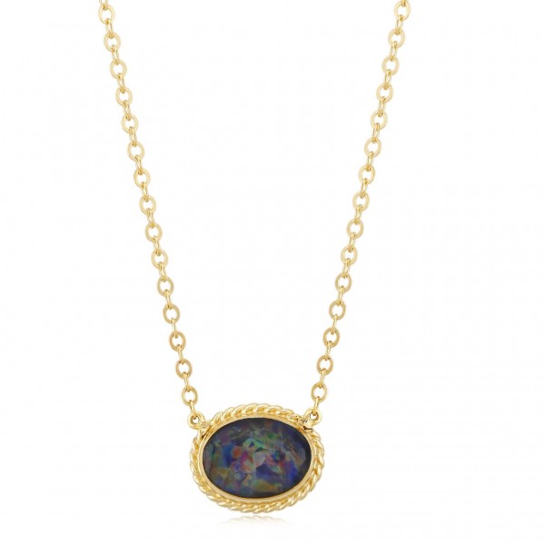 14K YELLOW GOLD  OVAL BLACK OPAL NECKLACE