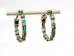14K YELLOW GOLD DIAMOND & EMERALD HOOP EARRINGS