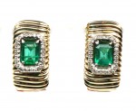 14K TWO TONE DIAMOND & EMERALD HOOP EARRINGS