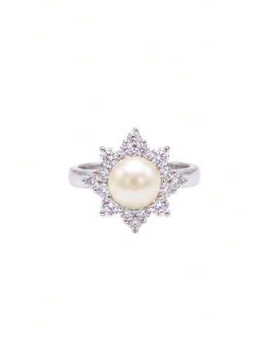 14K WHITE GOLD PEARL & DIAMOND RING