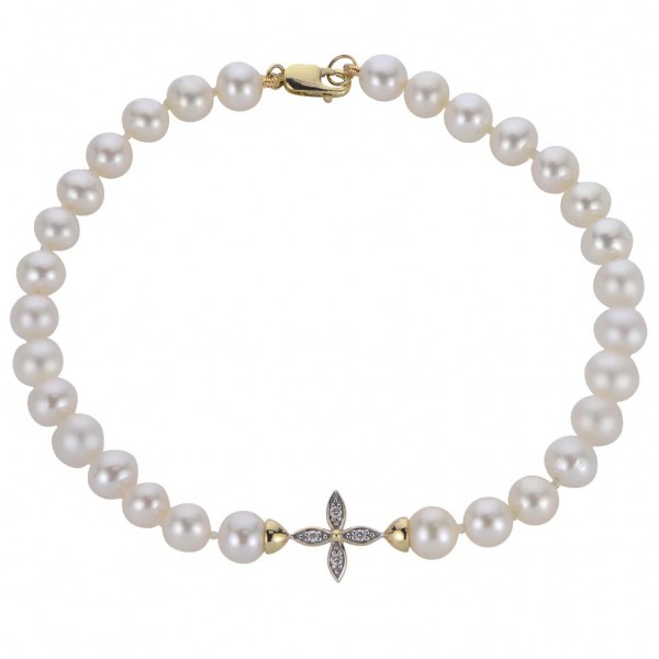 14K YELLOW GOLD 4 PETAL FLOWER DIAMOND & PEARL BRACELET